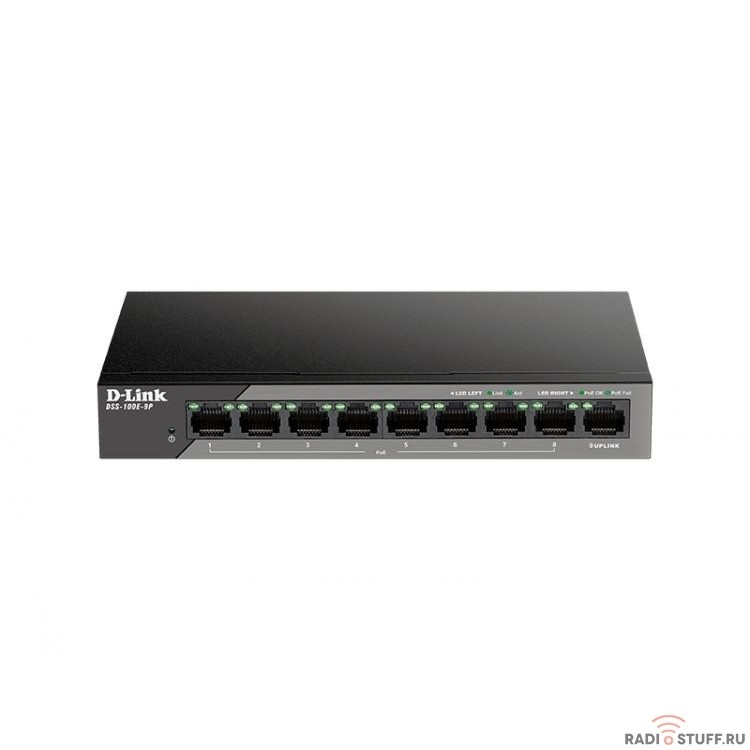 D-Link DSS-100E-9P/A1A Неуправляемый коммутатор с 8 портами 10/100Base-TX и 1 портом 10/100/1000Base-T (8 портов PoE 802.3af/at, PoE-бюджет 92 Вт, дальность до 250 м)