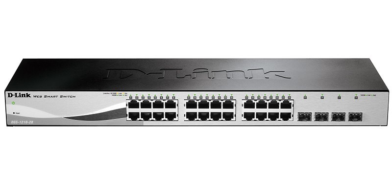 D-Link DGS-1210-28/ME/UPS/A2A Управляемый коммутатор 2 уровня с 24 портами 10/100/1000Base-T и 4 портами 1000Base-X SFP, функцией ИБП при подключении внешнего аккумулятора DC 12 В