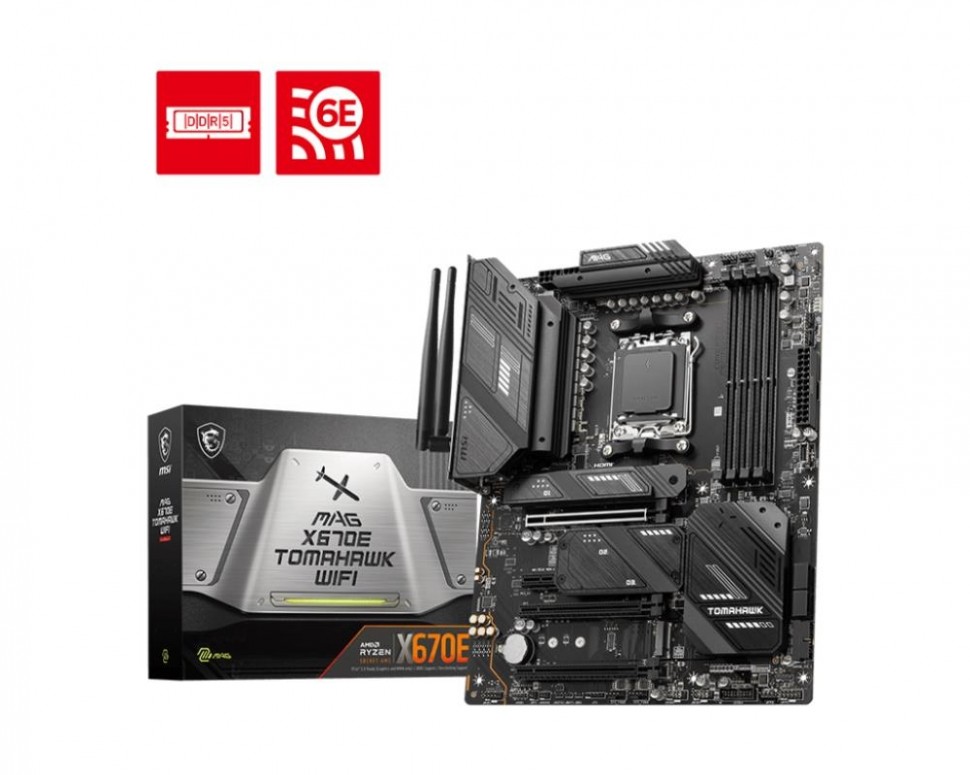Материнская плата MSI AMD X670 AM5 Standart-ATX Memory DDR5 Количество слотов памяти 4 слота 1xPCI-Express 3.0 1x 1xPCI-Express 4.0 16x 1xPCI-Express 5.0 16x MAGX670ETOMAHAWKWIFI