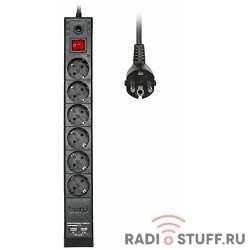 BURO Сетевой фильтр, 6 розеток, 1.8 метров, BURO BU-SP1.8_USB_2A-B, черный (коробка) {992310}
